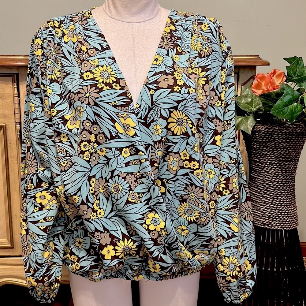 INC Floral Blue Yellow Brown Tan Cross Front Wrap Blouse XL New NWOT